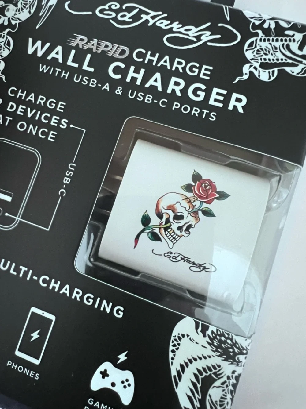 Ed Hardy Rapid Charge Wall Charger with Skull & Rose Tattoo Graphic